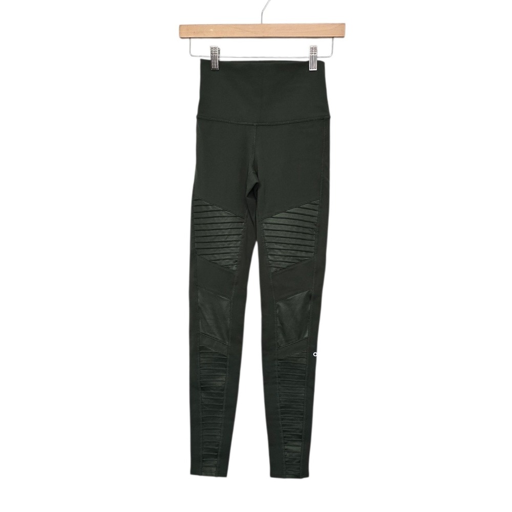Alo Yoga High-Waist Moto Legging Hunter Green Glossy Pleated Panels Size Xs